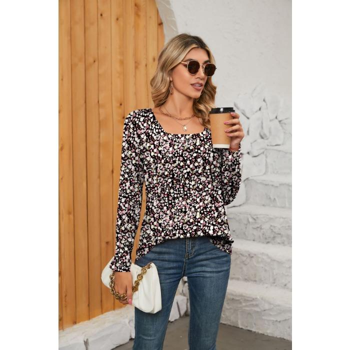 Autumn Women's Blouse Long Sleeve Square Neck Loose Comfortable Casual Printed Top