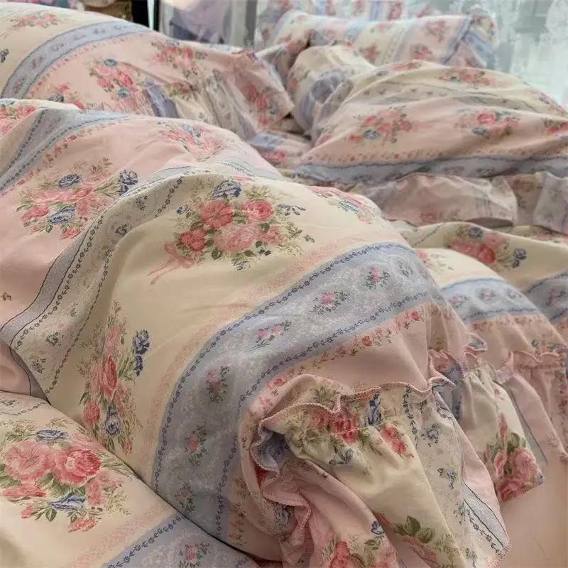 

Комплект постельного белья в корейском стиле «Принцесса», хлопковый, винтажный, с французскими пасторальными цветами и кружевными оборками, комплект пододеяльника и наволочки 150x200 4pcs