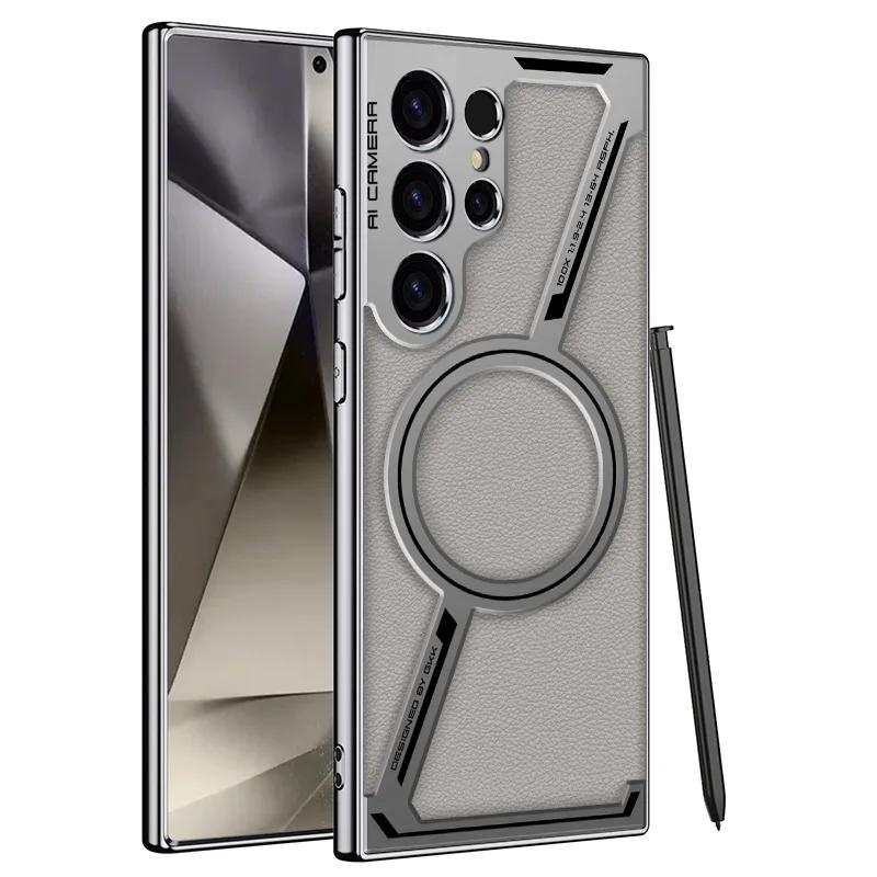 Luxus Galvanisiert Einfache Leder Handyhülle Für Samsung Galaxy S25 S24 S23 Ultra Magsafe Magnetische Kabellose Lade Schutzhülle