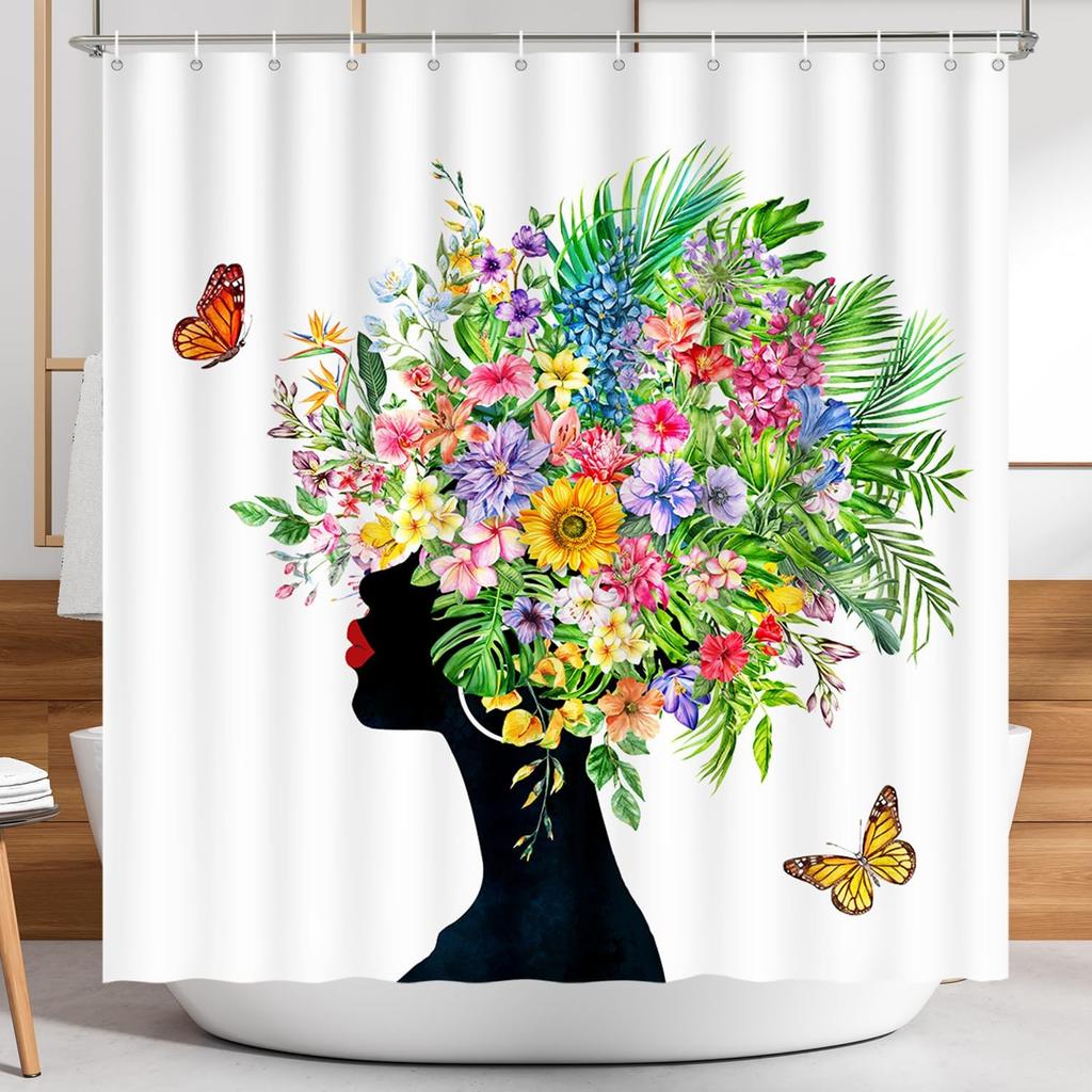 Purple Violet & Teal Floral Shower Curtain – Retro Natural Waterproof Polyester Bathroom Decor With 12 Hooks, Lavender Design