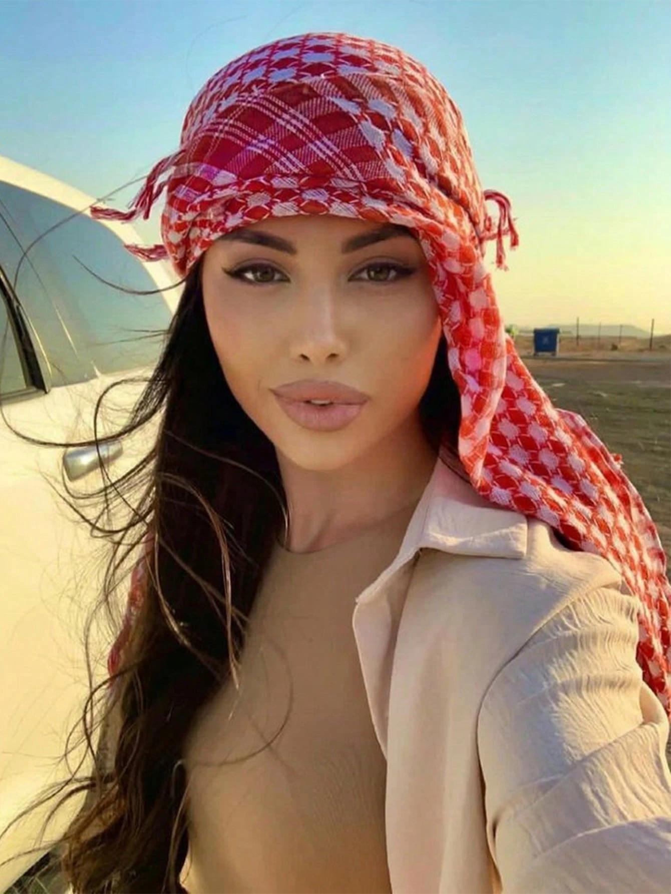 1 Stück Mode 100*100cm Dünnes Wüstenkaromuster Quadratisches Kopftuch Arabischer Outdoor-Hijab Schleier für Damen Unisex Quasten-Schal Unisex Schal 100x100cm black