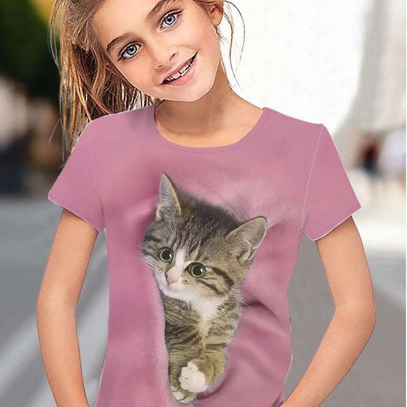 Abbigliamento per Bambini Ragazza T-shirt Manica Corta Stampa Gatto Cartone Animato 3D Vestiti Estivi per Bambini Moda Carina Abbigliamento per Ragazze Top in Poliestere