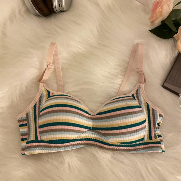 

Autumn Winter Sweet Colorful Striped Bra Wire-Free Push-Up Cup Side Boob Control Shaping Hot Girl Backless Underwear 38/85 рожевий