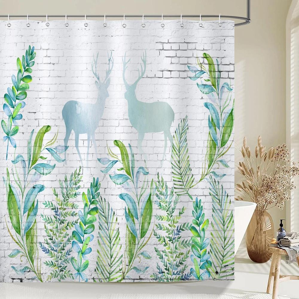 Green Plant Leaves Print Shower Curtains Watercolor Boho Floral Waterproof Morden Bathroom Bathtub Curtain Room Decor With Hooks