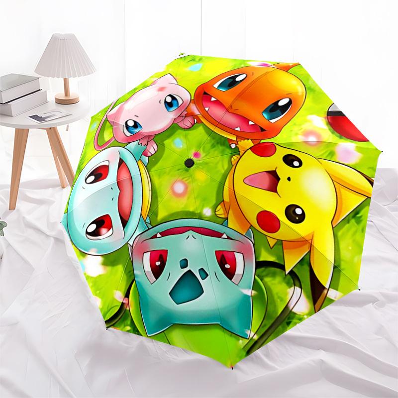 1pc Pokémon Pikachu, Charmander, Squirtle & Bulbasaur Automatic Opening Folding Umbrella, Portable 3-Fold Design with 8-Bone Iron Frame, Outdoor for F