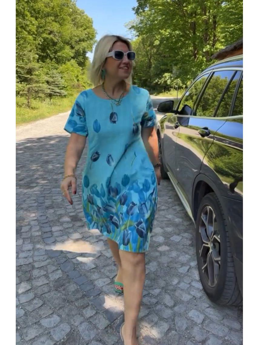 

Летнее платье свободного кроя с цветочным принтом и круглым вырезом - Зеленое Medium