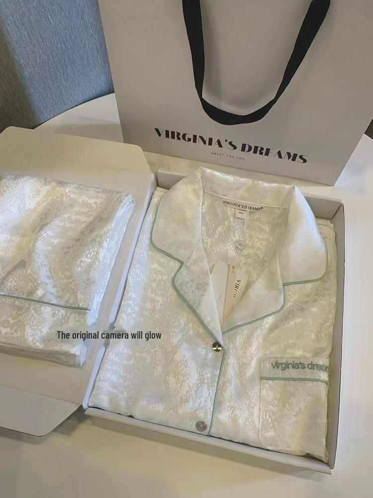 "Jarní luxusní pár pyžamový set z ledového hedvábí - top s dlouhým rukávem a žakárové kalhoty"