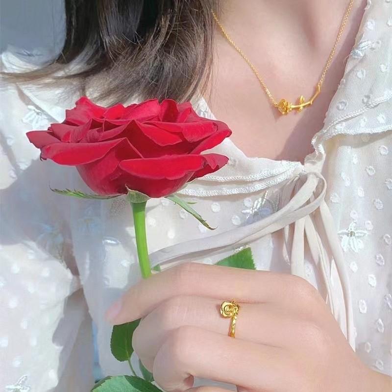 Charming Copper Plated Vietnamese Sand Gold Rose Ring For Women With Adjustable Fit