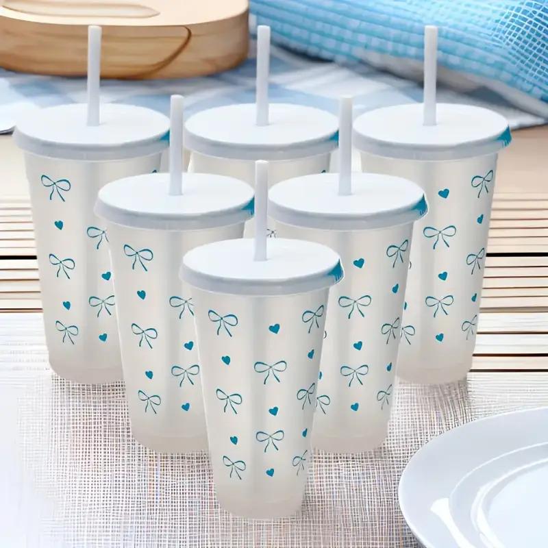 20Pcs Bowknot Plastic Cup with Straw Lid for Ice Coffee Juice Tea Plastic Cup Portable Drinking Bottle Valentine's Day Gift