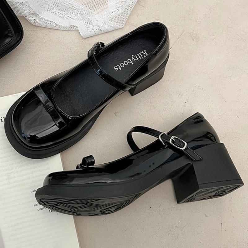 Fashion Mary Jane 2025 French High-heels New Bow Leather Shoes Round Toe British Style Women's Shoes Fashion Comfortable Buckle Pumps