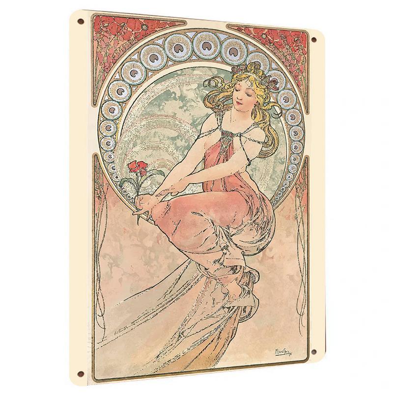 

Alphonse Mucha Art Nouveau Metal Wall Decor Lady with Roses Vintage Home Decoration 20x30cm（7.8x11.8inch）