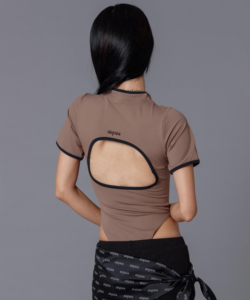 Seullisiseu Half Zip Open Back Bodysuit (Brown)