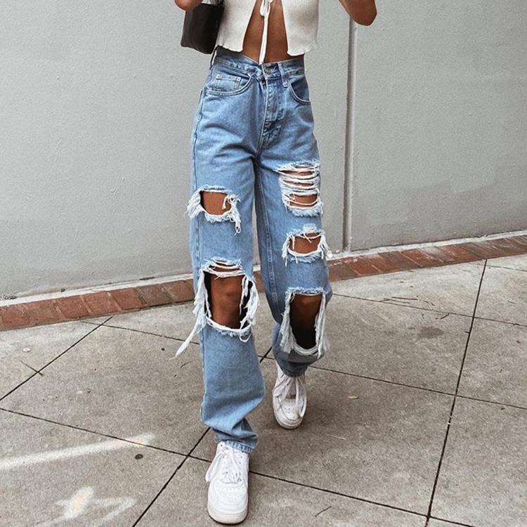 

High-Quality Women s Ripped Straight Loose Jeans - European, American, Southeast Asian Styles светло-синий