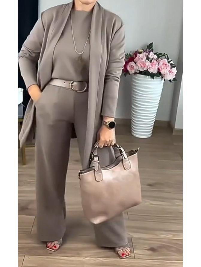 2025 Women's Solid Color Round Neck Long Sleeve Top and Belted Pants 3-Piece Set