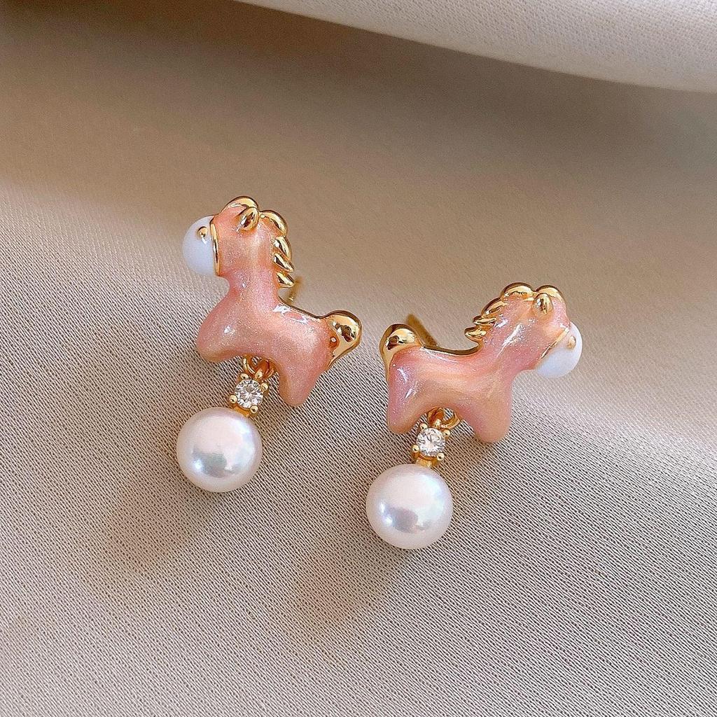 Zodiac Year Zircon Pearl Horse Earrings - Luxurious, Modern Studs for Women
