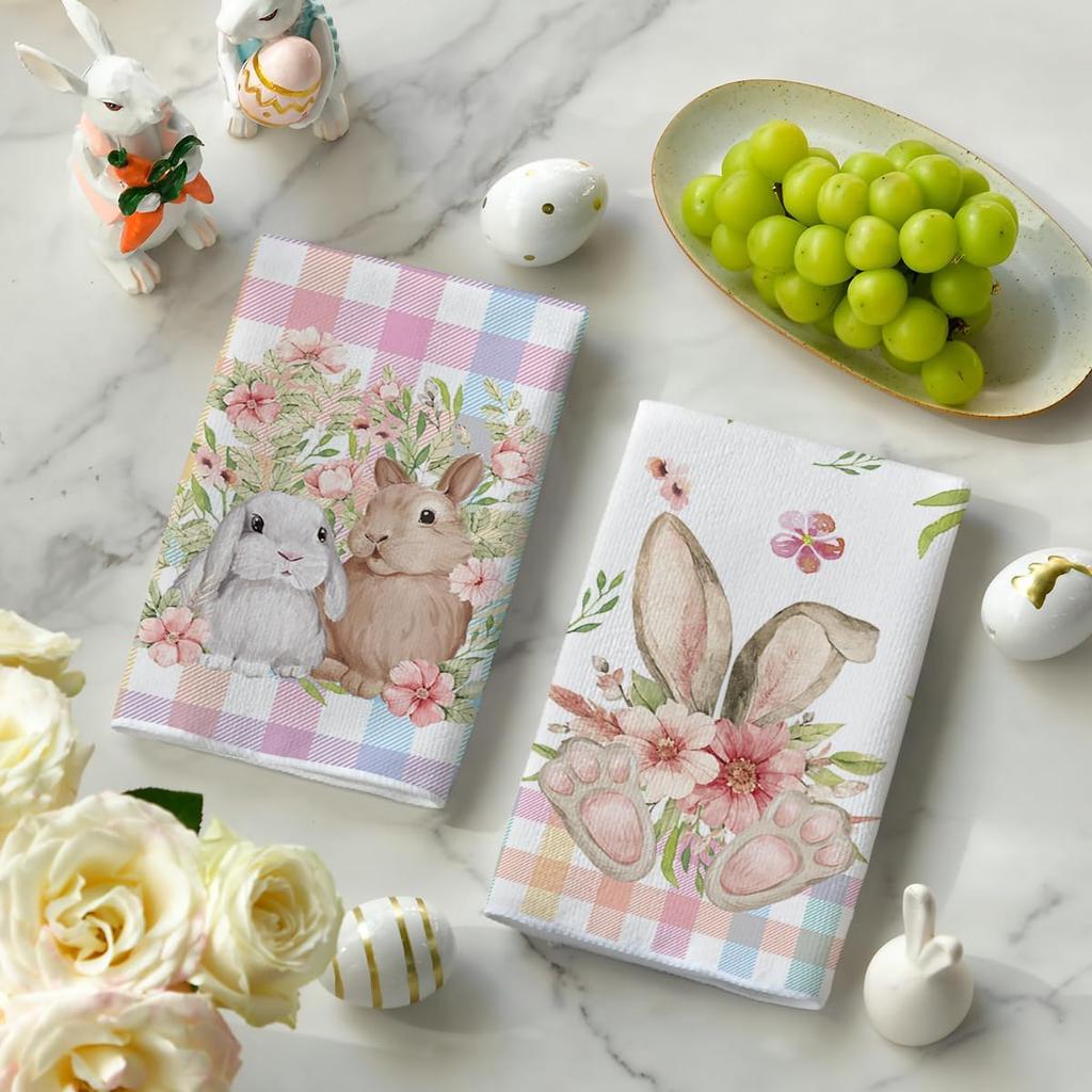 Artoid Mode Colorful Buffalo Plaid Bunny Rabbit Flower Easter Kitchen Towels Dish Towels, 18x26 Inch Seasonal Decoration Hand Towels Set of 2