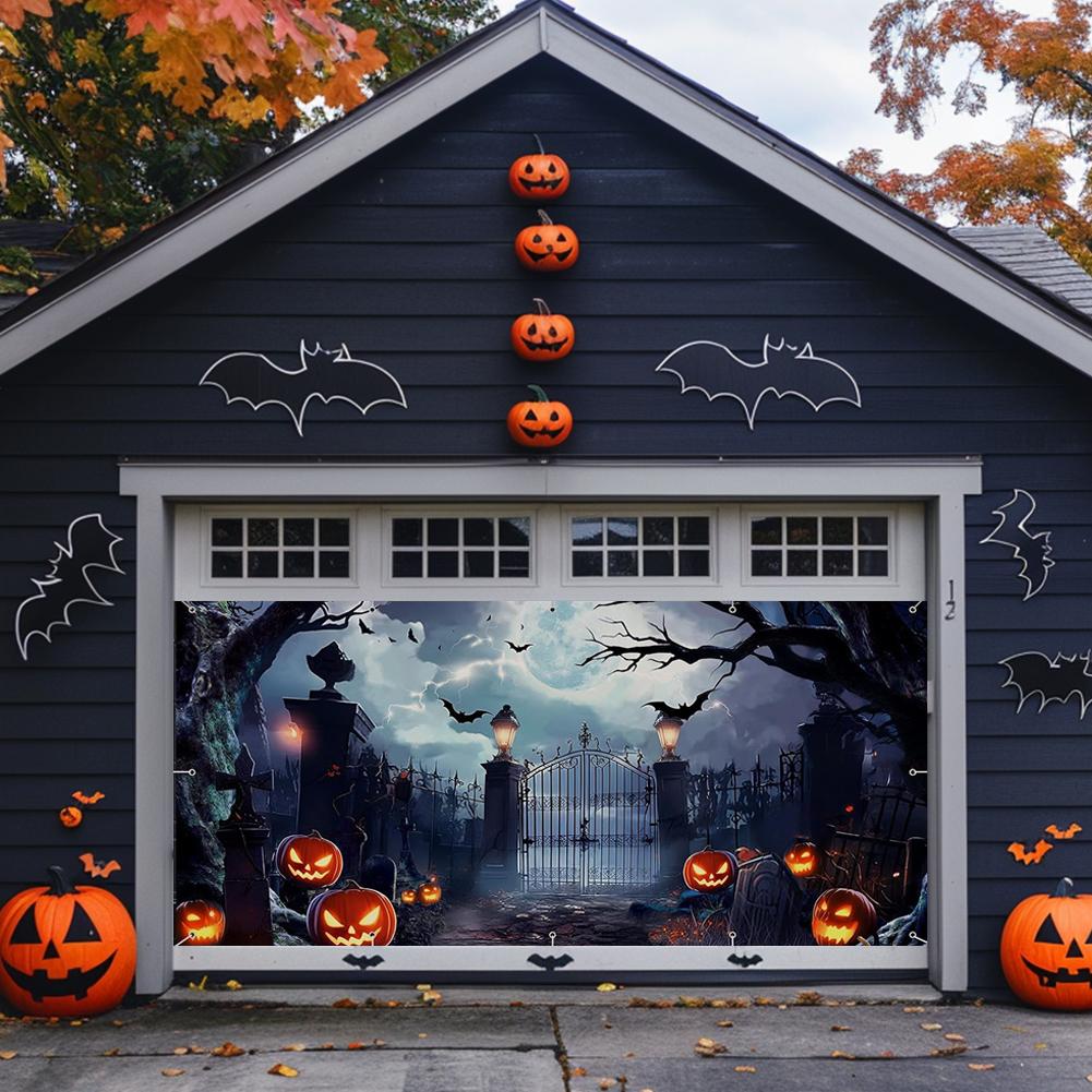 8x7 Ft Halloween Garage Door Banner Hanging Backdrop Garage Door Cover Misty Forest Pumpkin Lantern Scene 243x218 cm