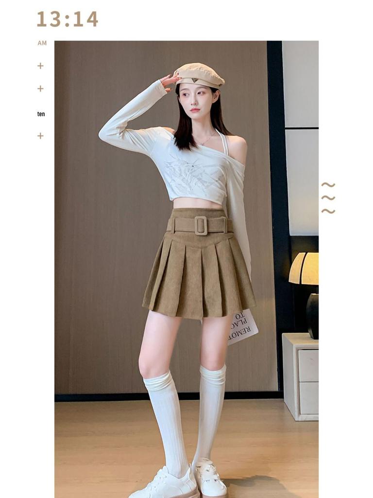 High-Waisted Pleated Chenille A-Line Skirt for Tall Women - Anti-Exposure, Corduroy, Short, Suitable for Spring and Autumn.