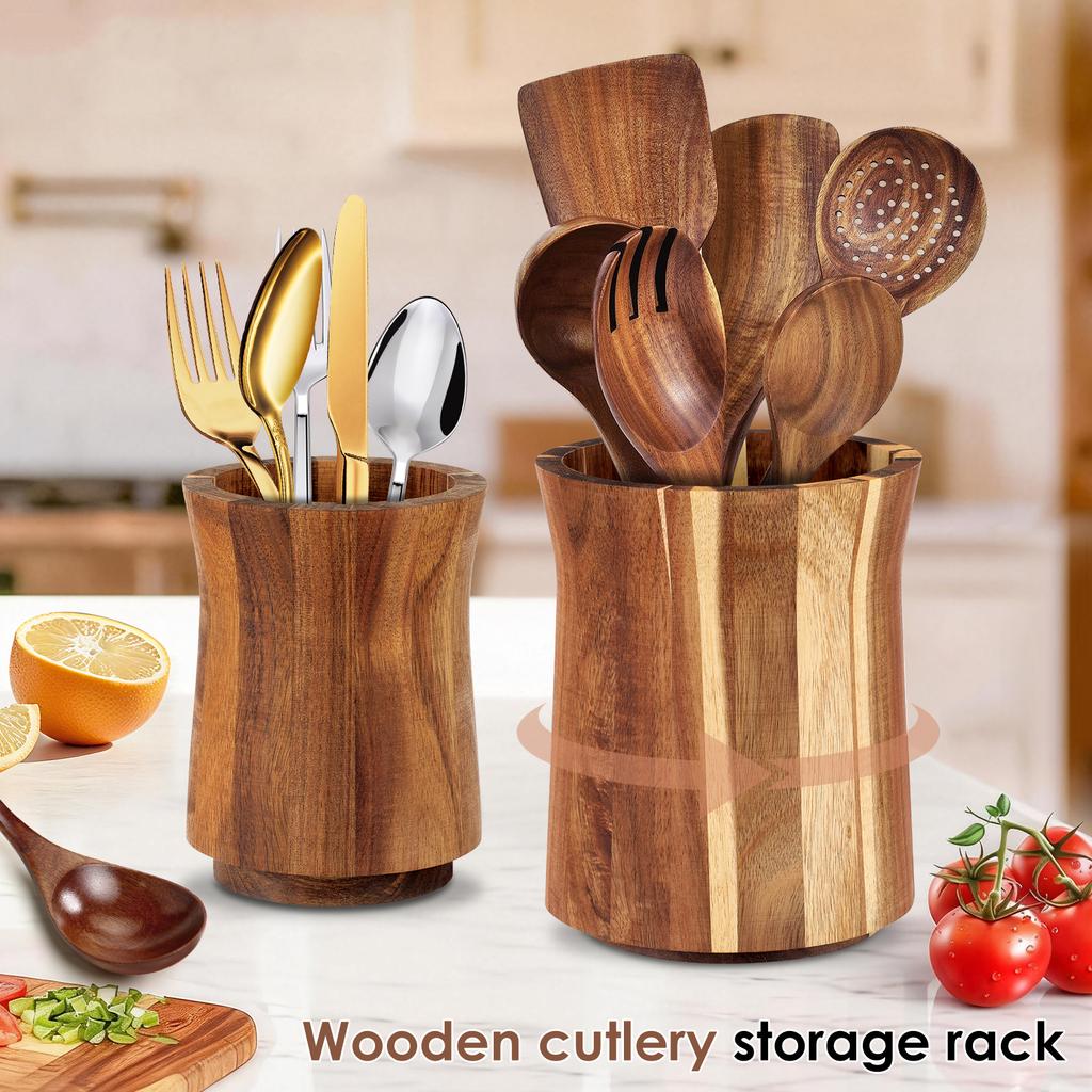 Drewniany Uchwyt na Sztućce Akacjowe 360° Obrotowy Półka do Przechowywania Sztućców Kuchennych Pałeczek Płaskich Organizer na Przybory Kuchenne