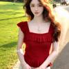 Red Ruffle Edge Square Neck Knitted Vest Women's Summer Spice Girl Waist Slim Fit Thin Small Fly Sleeves Sweet Top