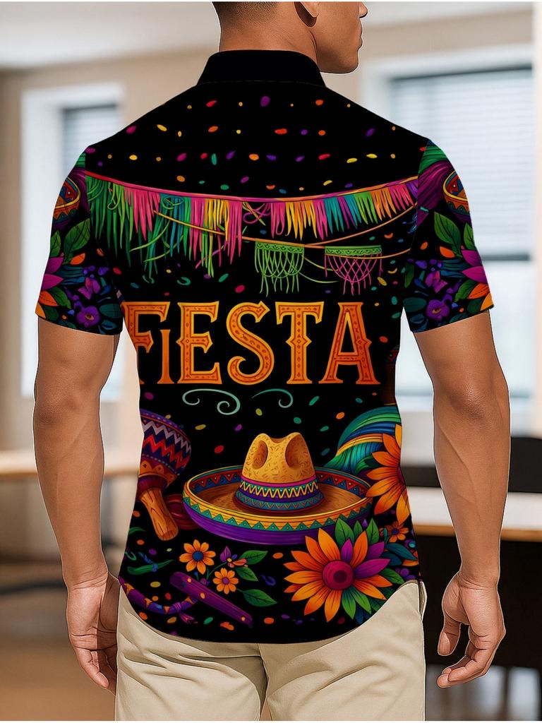 Mexican-Style Printed Short-Sleeve Shirt for Men, Casual Loose-Fitting Collared Shirt for Holiday Parties And Everyday Wear