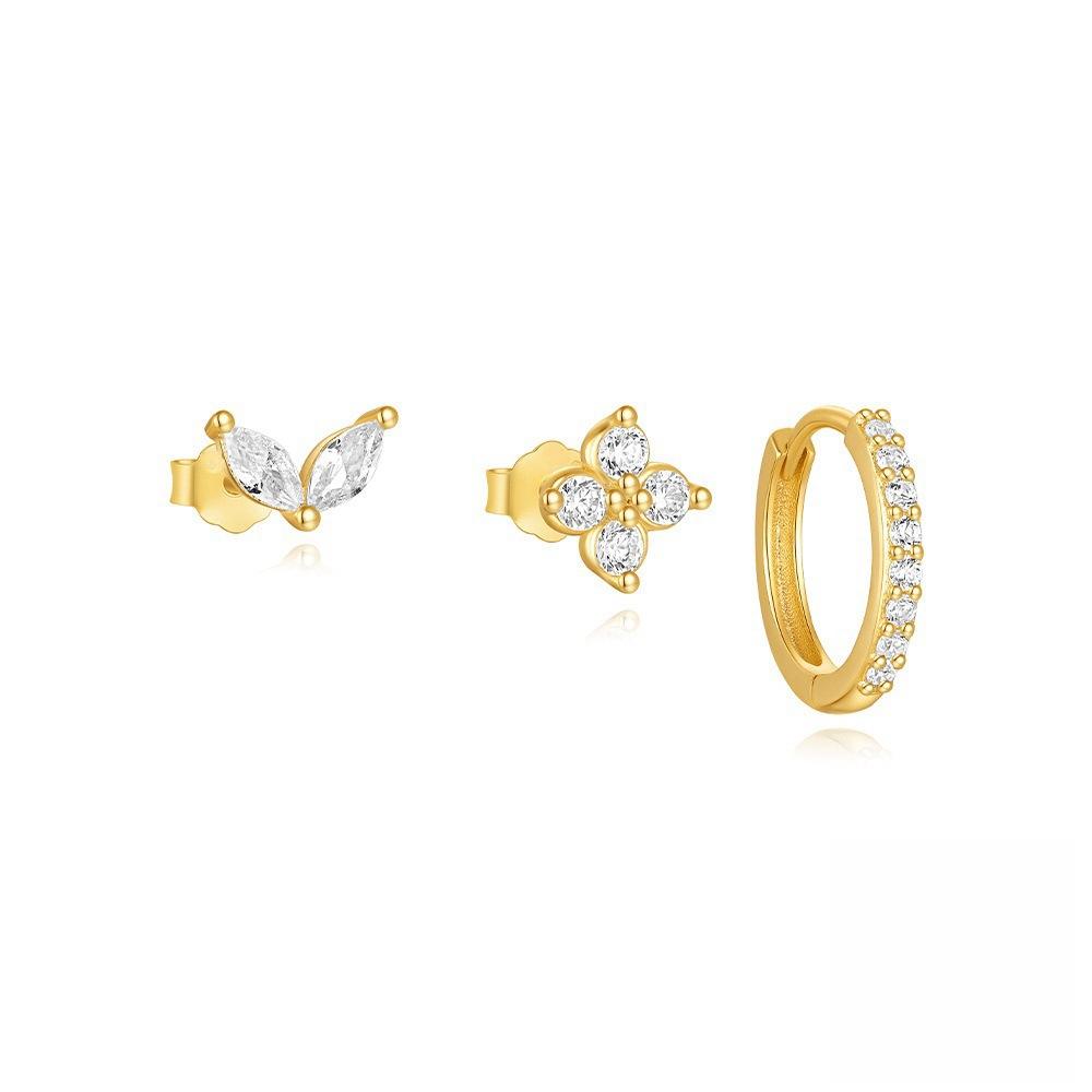 

3pcs Set Classic Gold Color Stainless Steel Crystal Four-leaf Flower Stud Earring for Women Charm Geometric Zircon Jewelry Set
