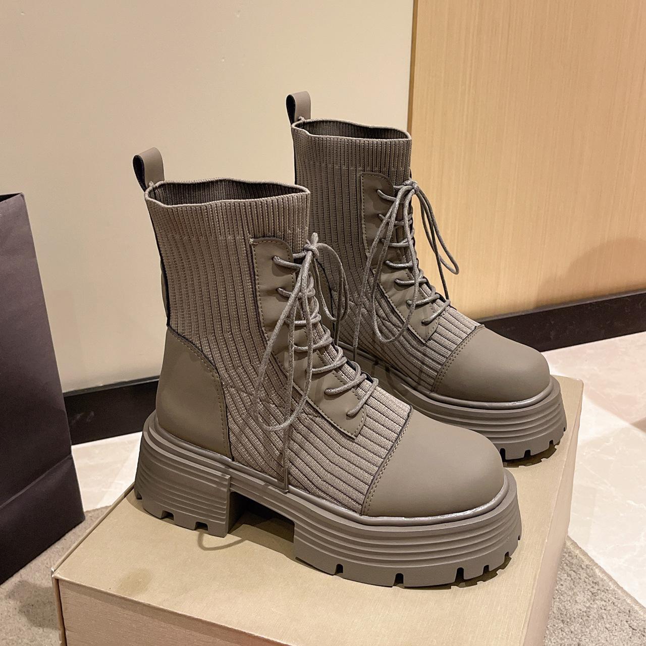 

Жіноче взуття Comemore 2024, осінь, товстий низ, жіночі черевики на шнурівці, чорні трикотажні довгі чоботи на платформі Botas De Mujer 40