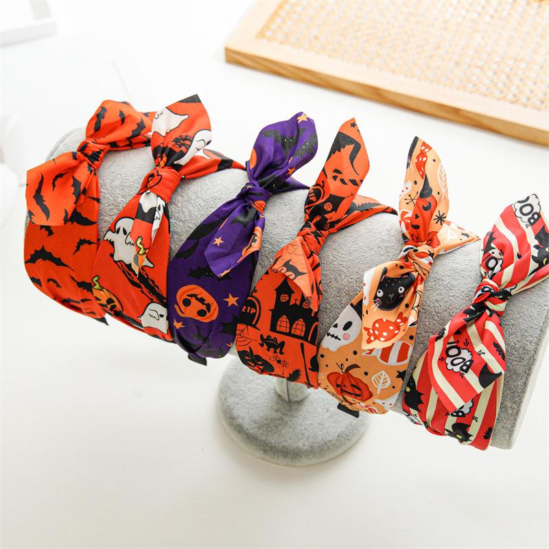 Halloween Skeleton Pumpkin Fabric Crossover Wide Headband Women's Printed Ghost Festival Gut Hair Bands