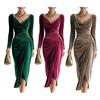 Damen Samt Abendkleid mit langen Ärmeln, Schal-Ausschnitt, Raffung, Schlitz, Bodycon-Kleid, Midi-Kleid für Hochzeitsgäste