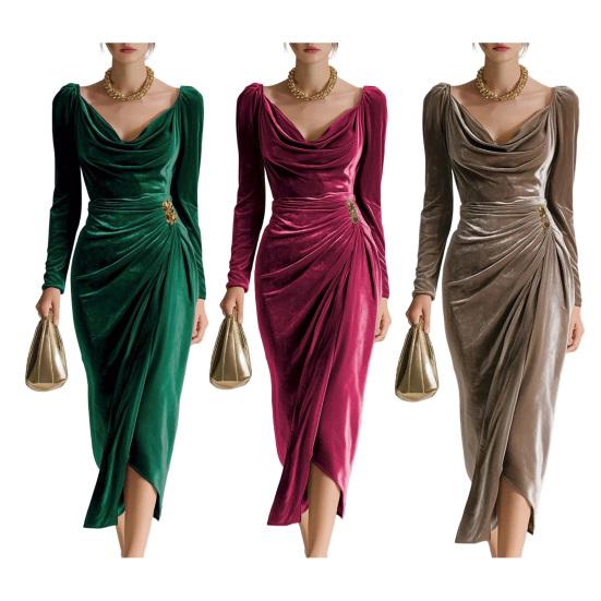 Damen Samt Abendkleid mit langen Ärmeln, Schal-Ausschnitt, Raffung, Schlitz, Bodycon-Kleid, Midi-Kleid für Hochzeitsgäste