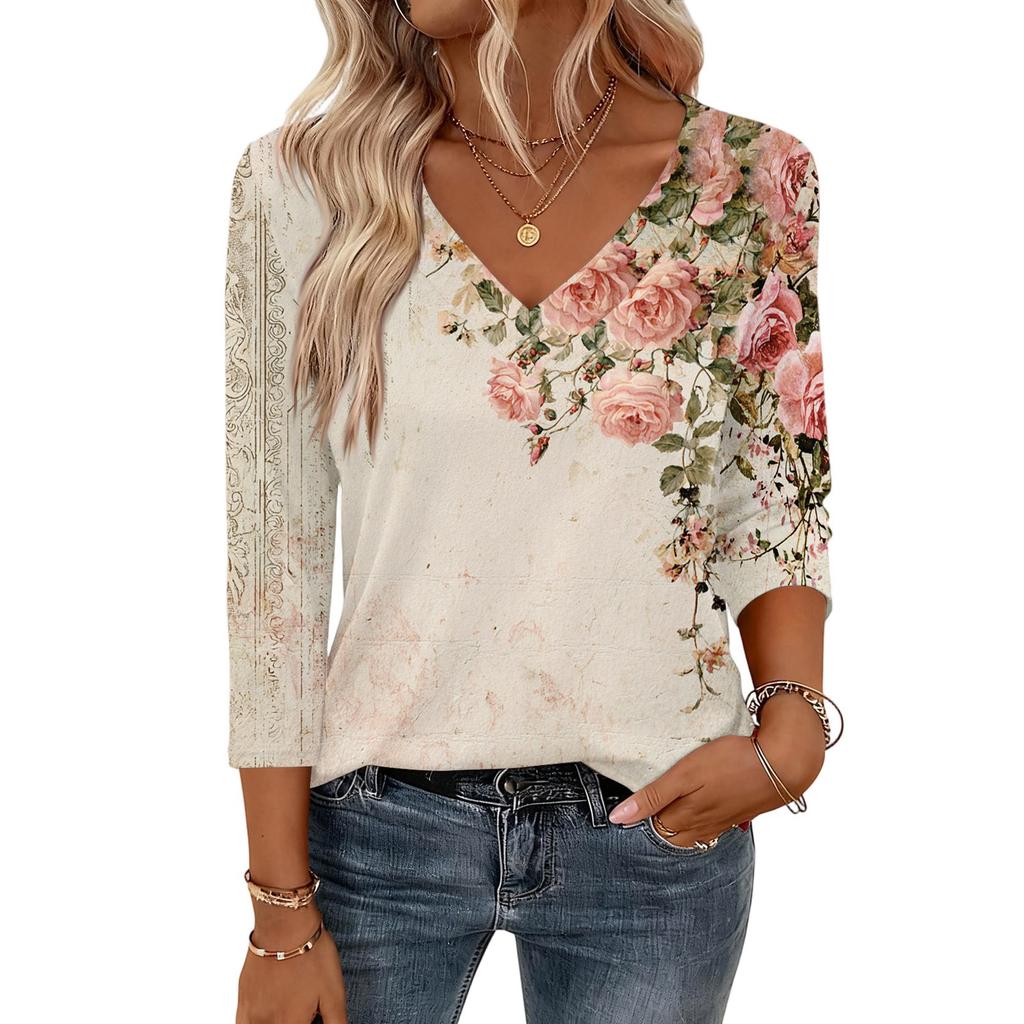 Damenoberteile mit 3/4-Ärmeln V-Ausschnitt Hemd Lässige Bluse Basic T-Shirts