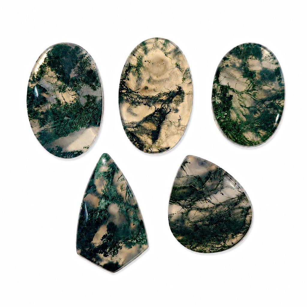 Natürliches Moosachat Edelstein Set von 5 | Moosachat Cabochon Lot | Lose Steine für die Schmuckherstellung