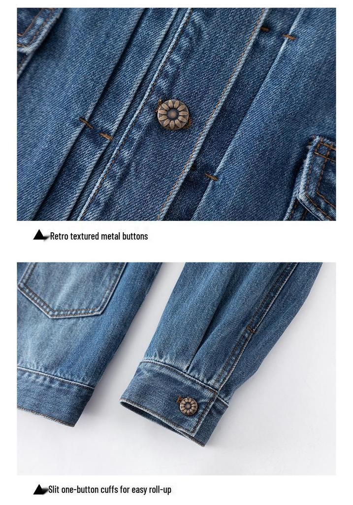 Heavyweight Distressed Blue Denim Women's Wear-Resistant Anti-Wrinkle Multi-Pocket Casual Jacket