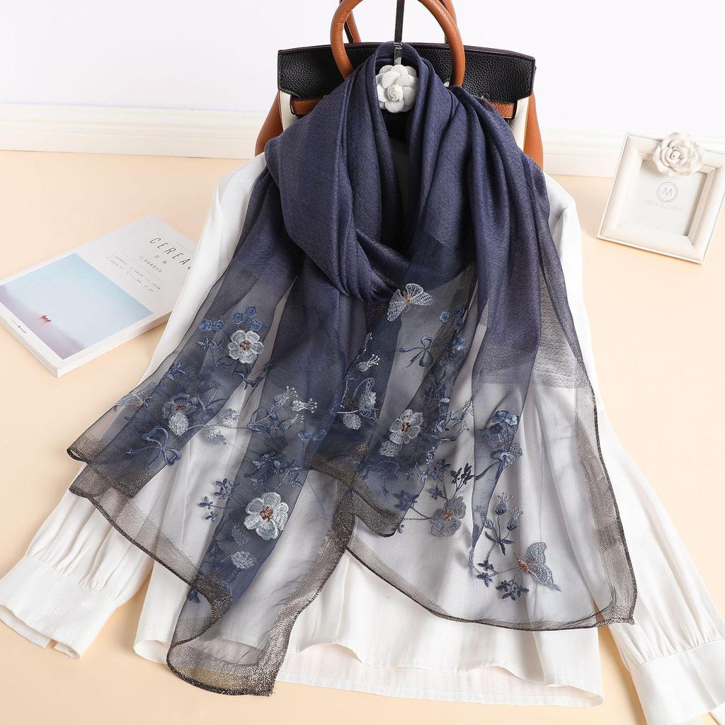 Autumn And Winter Simulated Silk Sunscreen Embroidery Long Silk Scarf Temperament Versatile Shawl Warm Embroidery Scarf Women