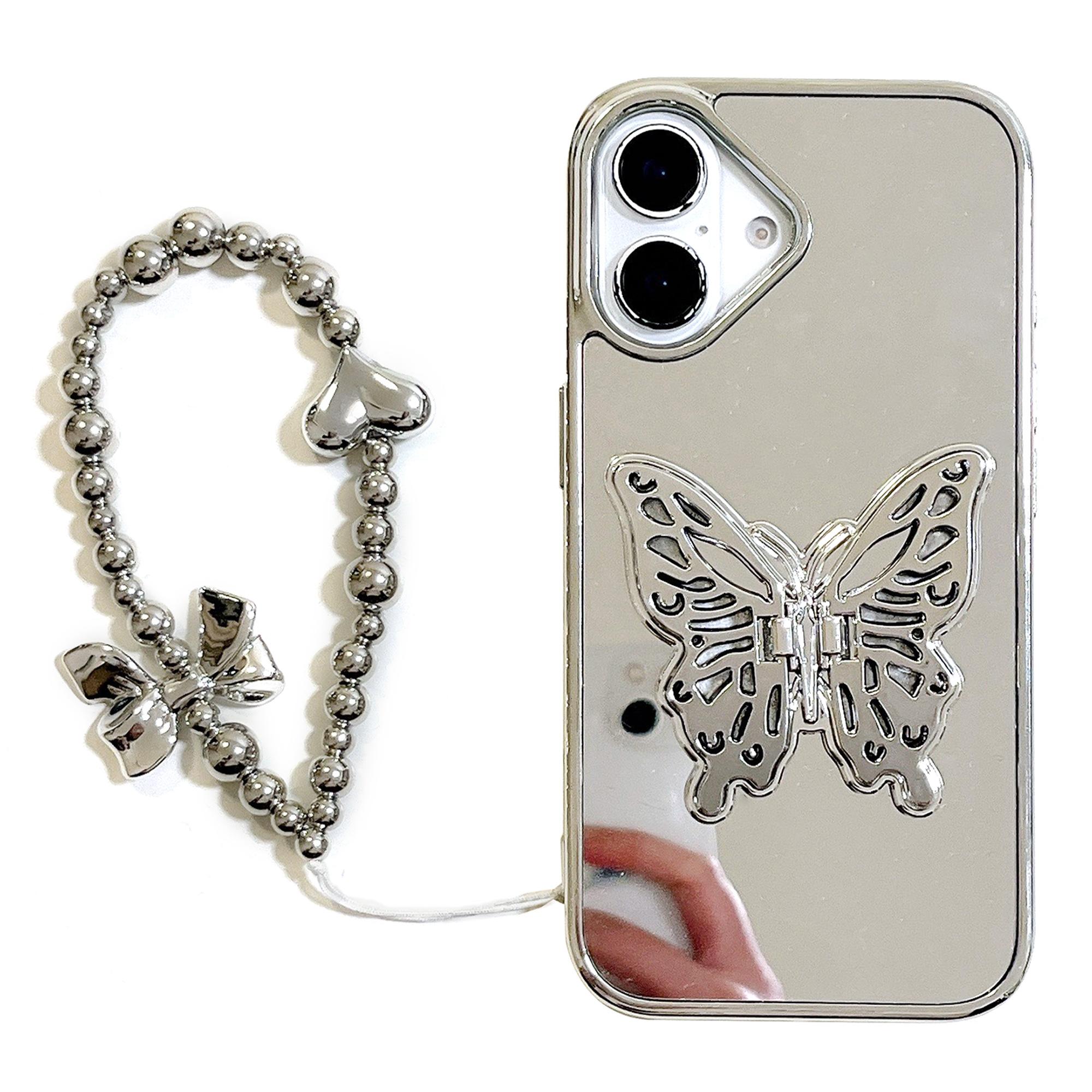 

Чехол для iPhone 16 с подставкой-бабочкой, ремешком, ТПУ акриловой задней крышкой телефона, зеркальной поверхностью A