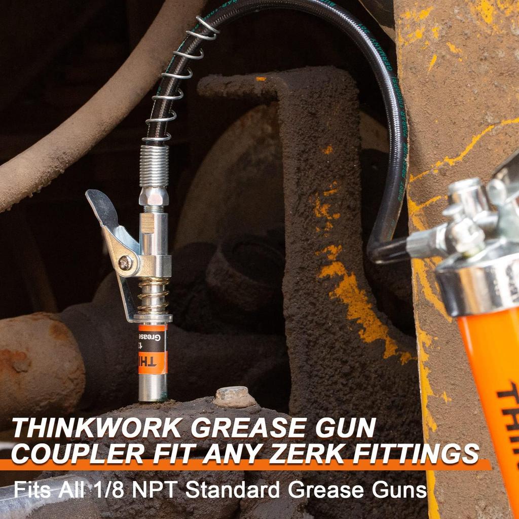 THINKWORK 12000PSI Upgrade Grease Gun Powerful Lock-On Grease Gun Coupler Durable Compatible with 1/8 Inch NPT Grease Gun Fittings