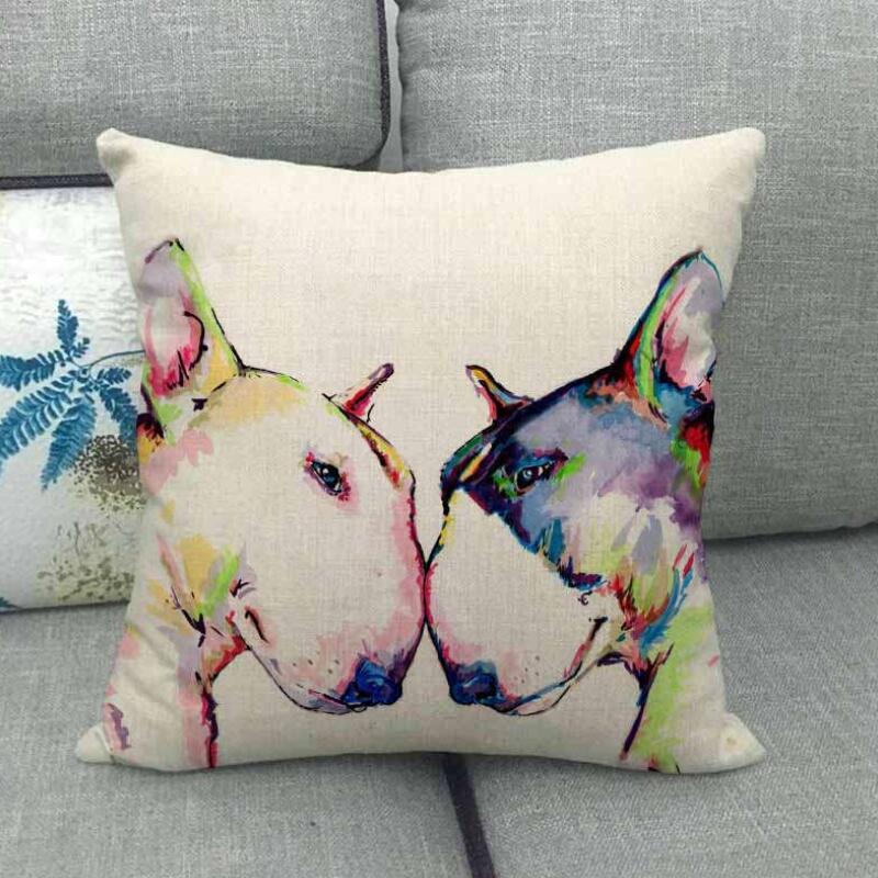 Housse de coussin en lin Motifs Bouledogues Carlins Style Chien Bull Terrier Décoration de Maison Salon Canapé Coussins d'appoint Housse 45X45cm