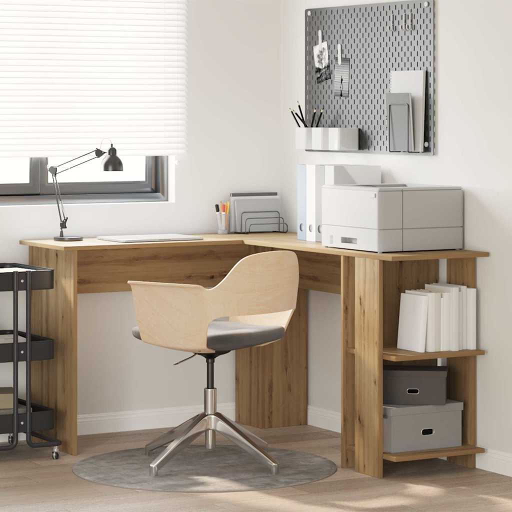 L Shaped Desk with Shelf Artisan Oak Finish 140 X 113.5 X 75 Cm