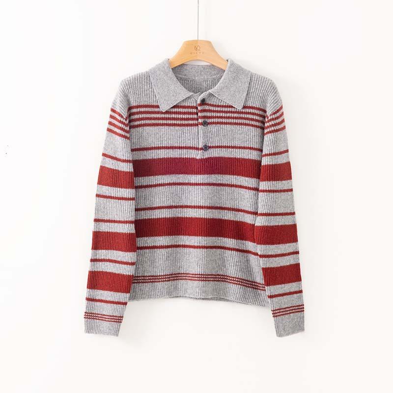 

Мягкий восковой ретро поло воротник полосатый контрастный цвет шерстяной вязаный свитер женский ранняя осень новый внутренний пуловер базовая рубашка L
