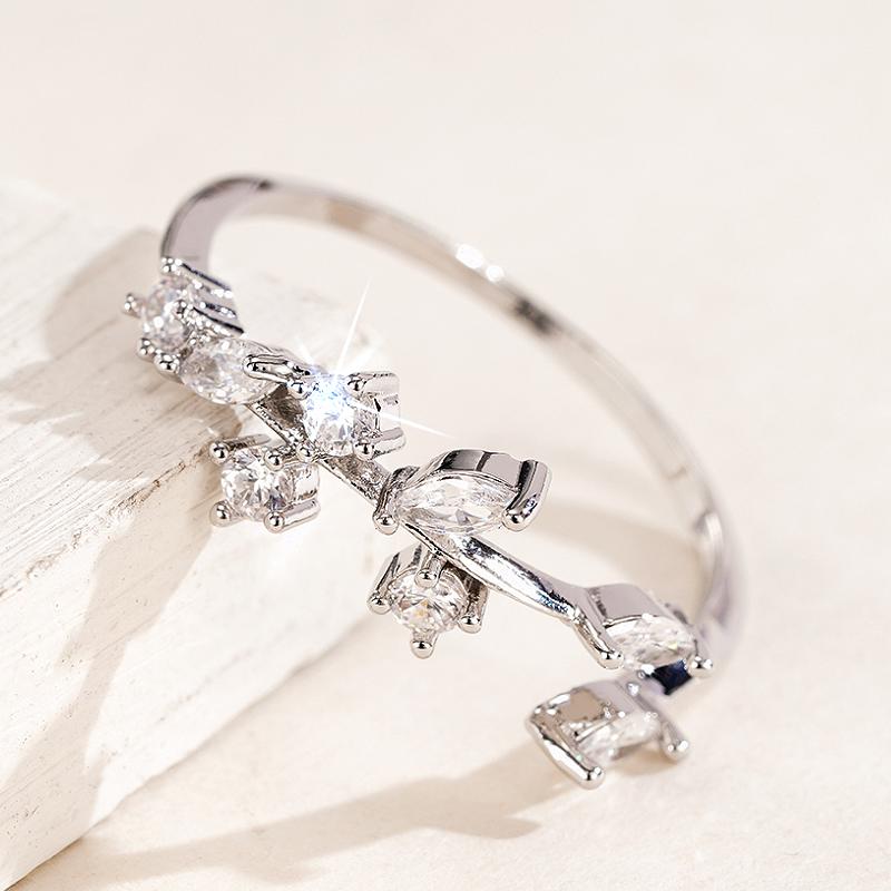 Simple Style Leaves Design Opening Rings with Marquise Round CZ for Women Stylish Wedding Party Accessories Fancy Gift