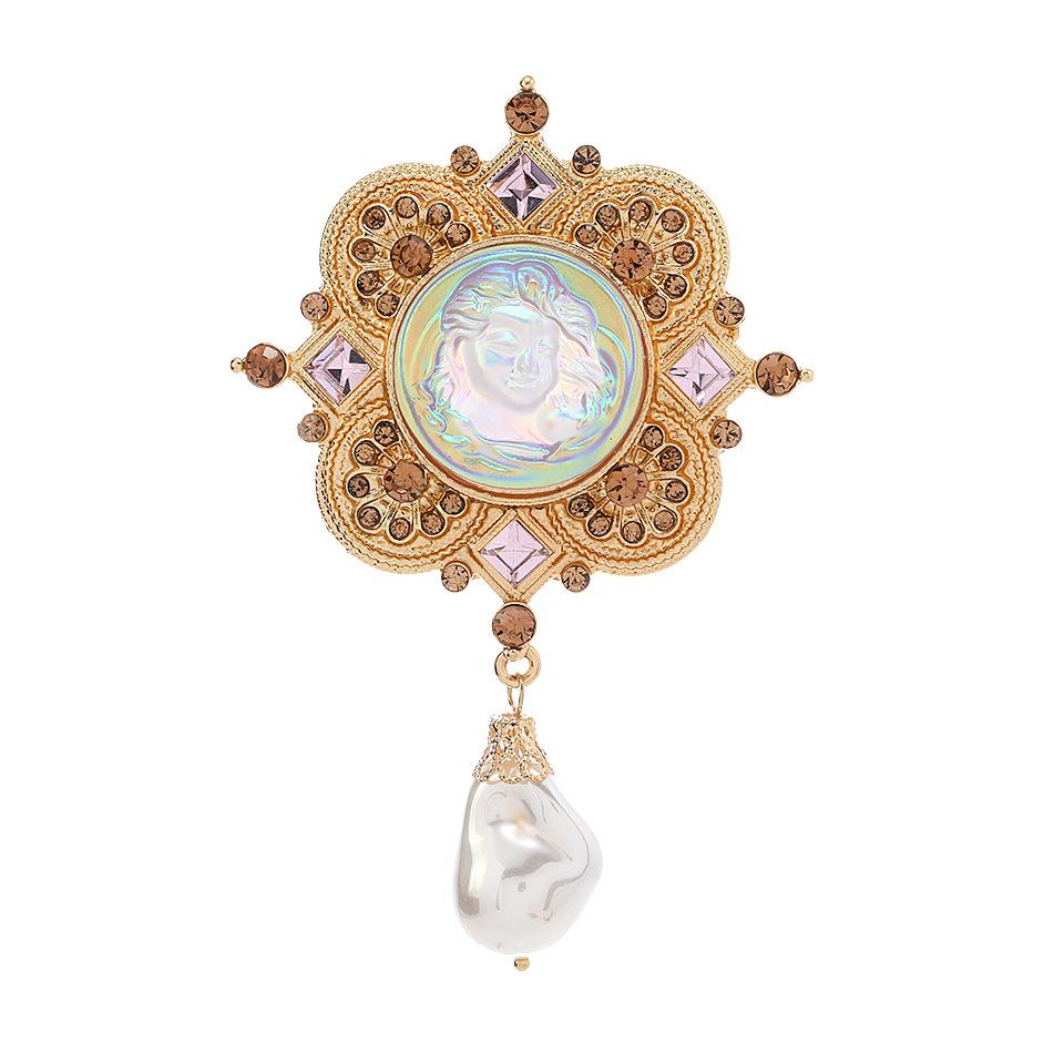 Female Fashion Vintage White Pearl Crystal Flower Brooches For Women Luxury Gold Color Stone Alloy Plant Brooch Safety Pins