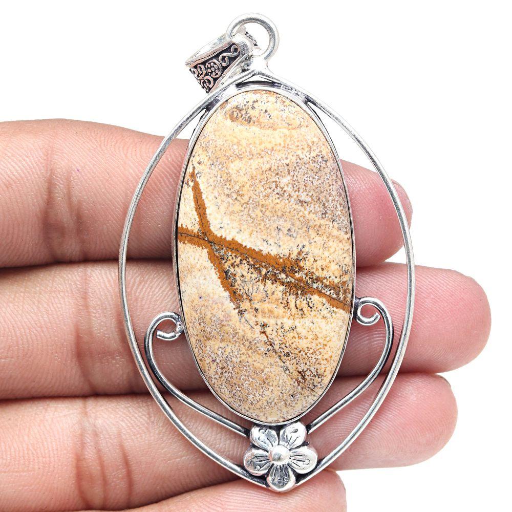 Necklace Picture Jasper Gemstone Handmade Antique Silver Jewelry 1.5"