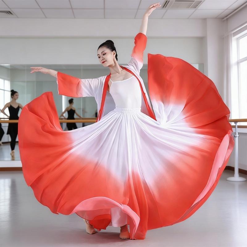 Women's Lyrical Dance Skirt Gradient Color Chiffon Long Swing Sheer Wrap Skirts for Modern Ballet Performances