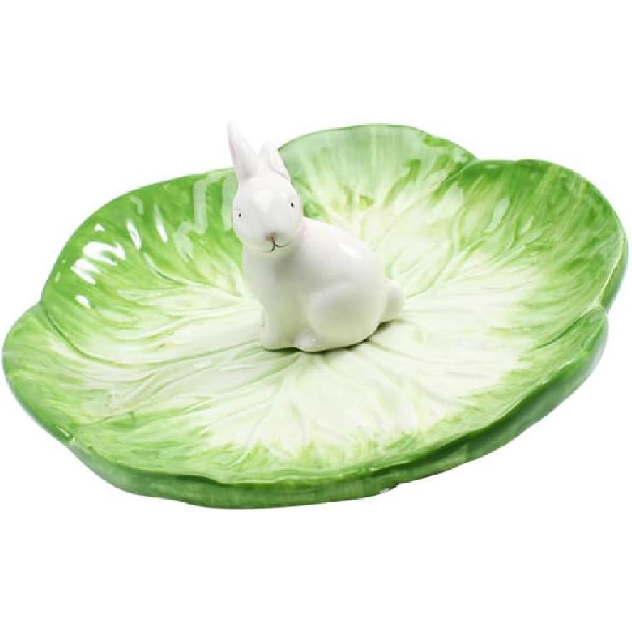 Housoutil Ceramic Rabbit Plates, Easter Cabbage Plate, Green Easter Serving Tray for Dessert Fruit Salad Snacks