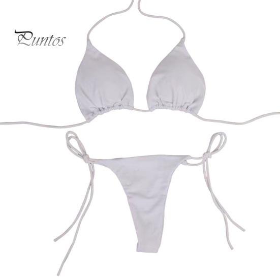 

2 шт./комплект, женский купальник-бикини с треугольными чашечками, бретельками через шею, с подкладками для груди, купальник-стринги со шнуровкой, сексуальный пляжный костюм для отдыха на пляже и у бассейна M белый