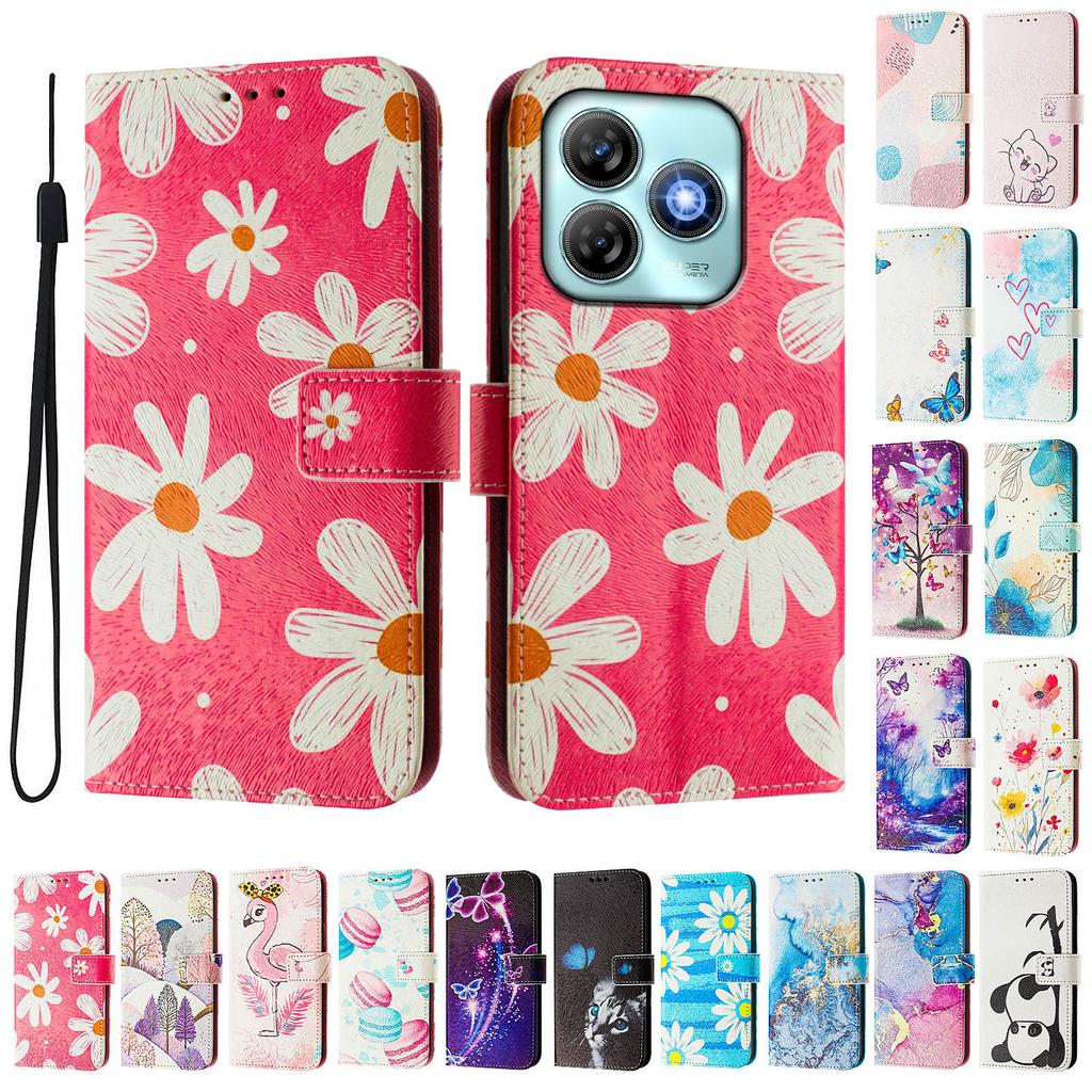 Pink Daisy Luxury Painted Leather Case Wallet Book Style Cover for ZTE Blade A52,A53,A73,V50 Vita,V40S,V60,A35,A55,A75...