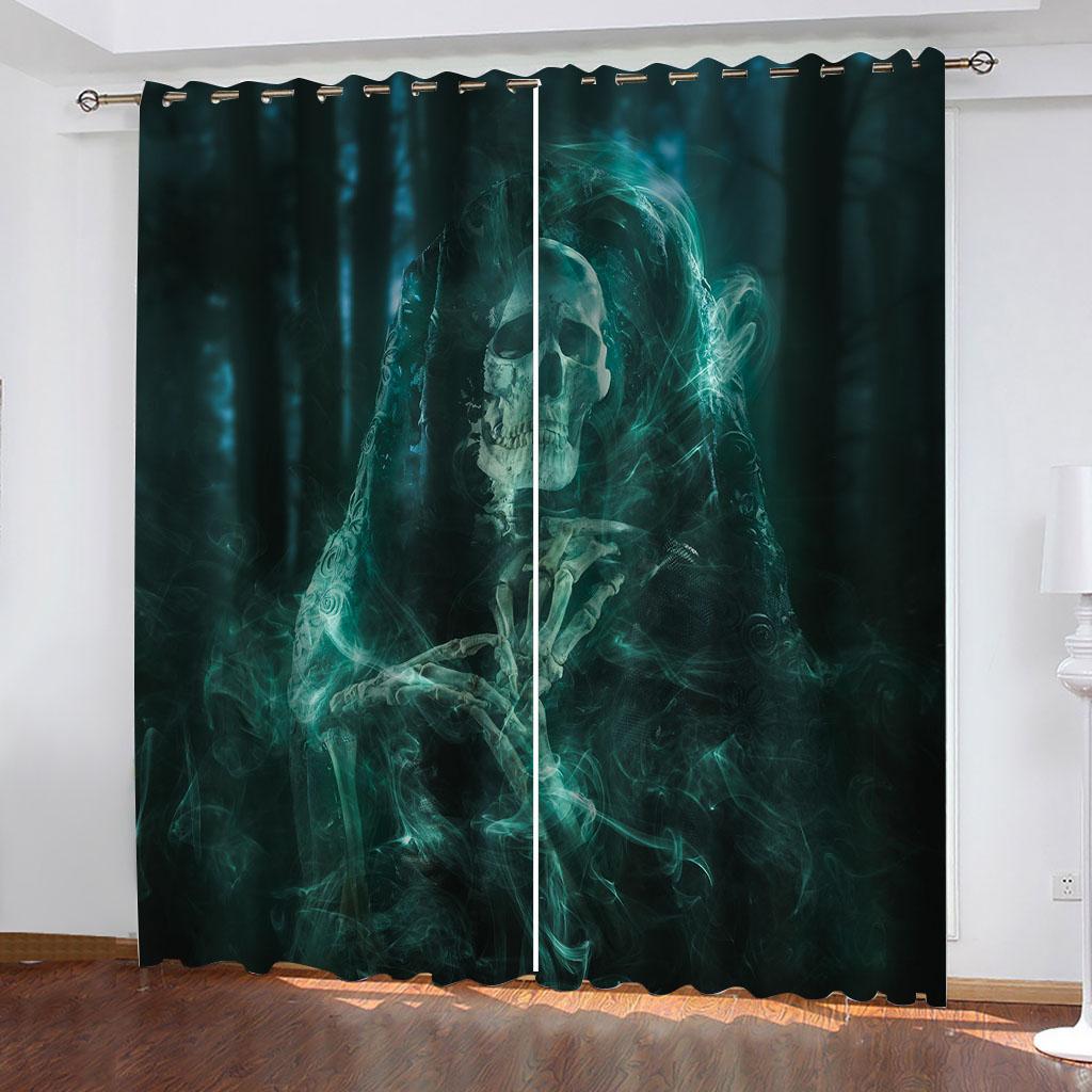 Skull Terror Skeleton Horror Crows Black Boy Window Curtains Drapes for Kids Bedroom Living Room Kitchen Door Home Decor 2Pieces