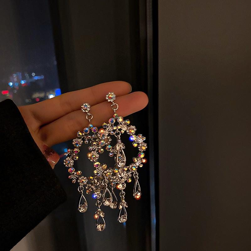 Silver Needle Diamond Water Drop Tassel Earrings - Elegant Court Style, Versatile & Luxurious Design.