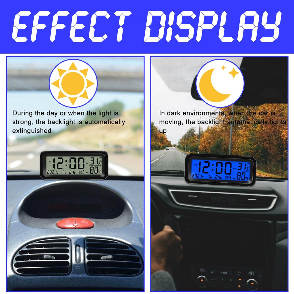 Small Digital Car Dashboard Clock Solar Powered & Rechargeable Clear LCD Time Display Watch Stick On Car Clock