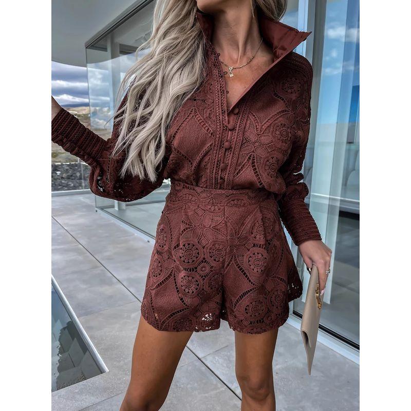 Fashion Single Breasted Stand Collar Lace Shorts Suit Casual Hollowed Out Two-Piece Set